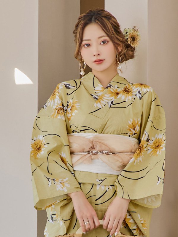 画像5: 【即日発送】くすみイエローマーガレット浴衣【浴衣３点セット 浴衣/帯/下駄】[YMT] (5)