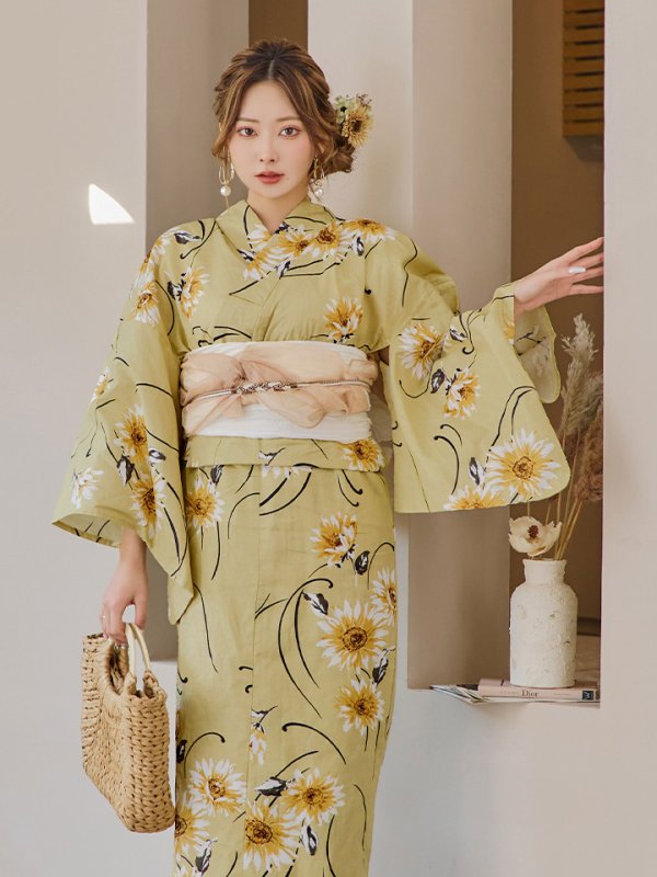 画像6: 【即日発送】くすみイエローマーガレット浴衣【浴衣３点セット 浴衣/帯/下駄】[YMT] (6)