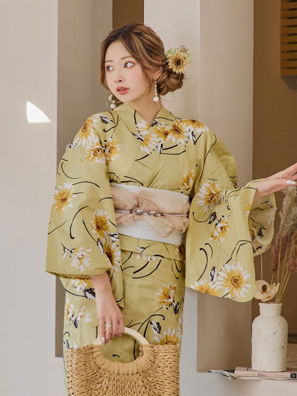 画像7: 【即日発送】くすみイエローマーガレット浴衣【浴衣３点セット 浴衣/帯/下駄】[YMT] (7)