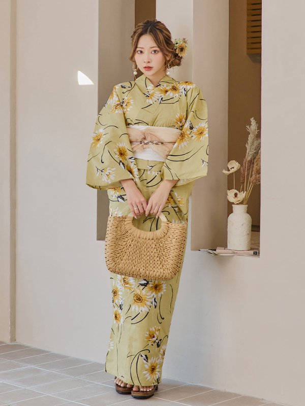 画像8: 【即日発送】くすみイエローマーガレット浴衣【浴衣３点セット 浴衣/帯/下駄】[YMT] (8)