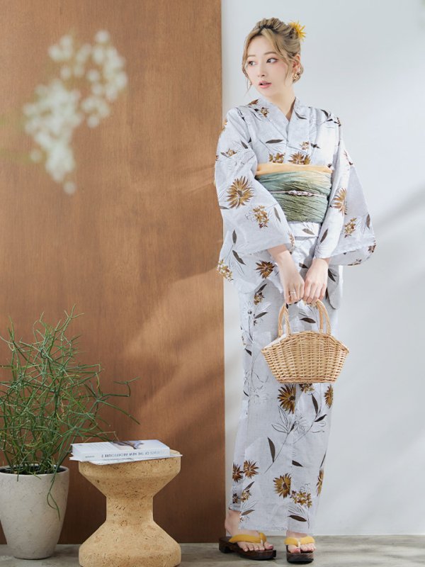 画像9: 【即日発送】グレー地×マーガレット浴衣【浴衣３点セット 浴衣/帯/下駄】[YMT] (9)