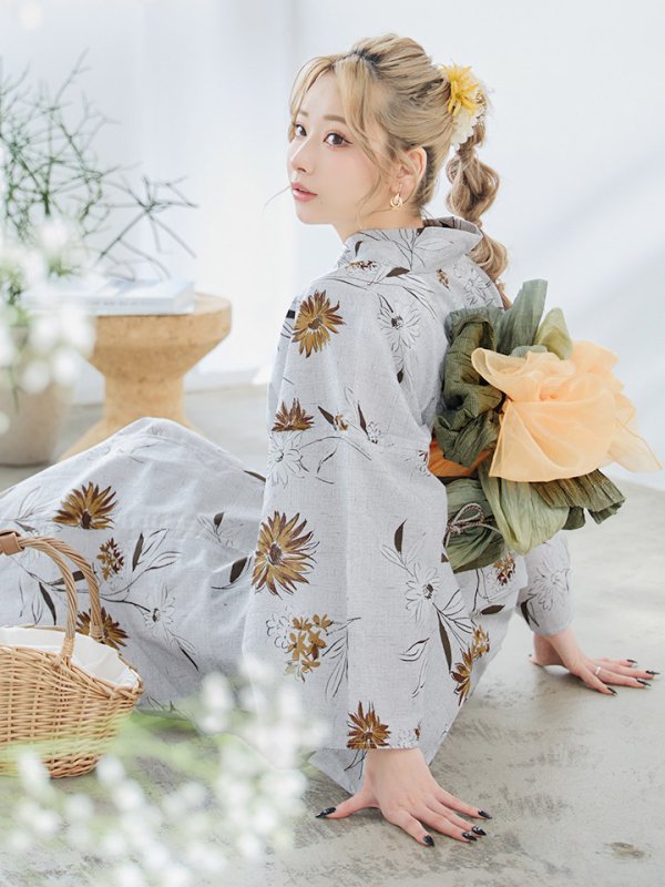 画像12: 【即日発送】グレー地×マーガレット浴衣【浴衣３点セット 浴衣/帯/下駄】[YMT] (12)