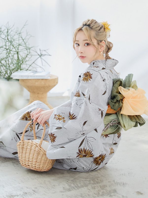 画像14: 【即日発送】グレー地×マーガレット浴衣【浴衣３点セット 浴衣/帯/下駄】[YMT] (14)