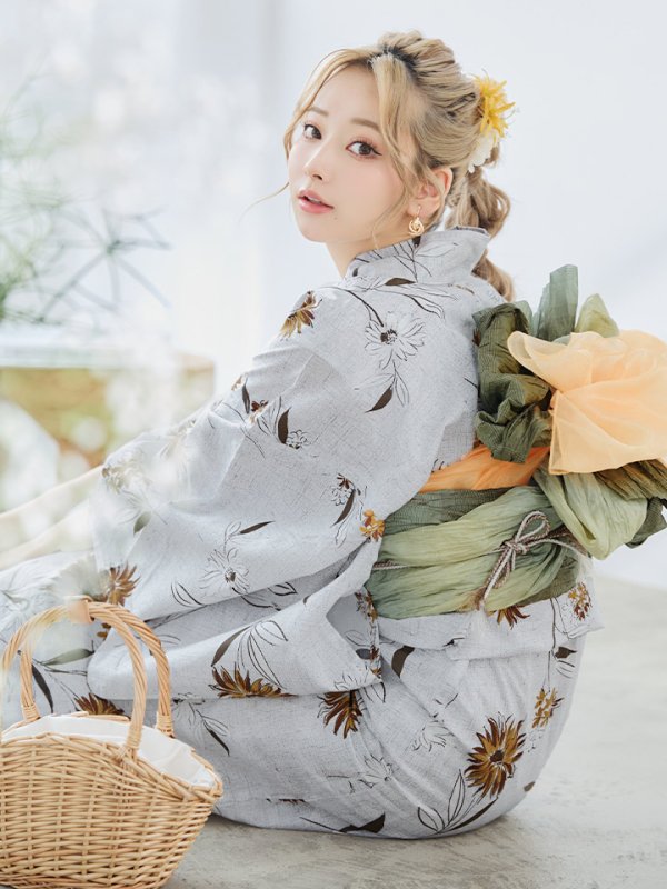 画像15: 【即日発送】グレー地×マーガレット浴衣【浴衣３点セット 浴衣/帯/下駄】[YMT] (15)