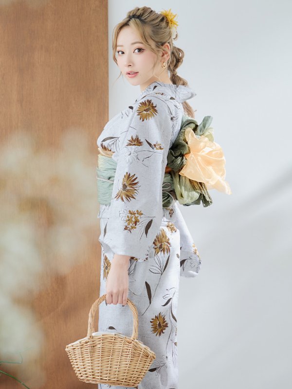 画像2: 【即日発送】グレー地×マーガレット浴衣【浴衣３点セット 浴衣/帯/下駄】[YMT] (2)