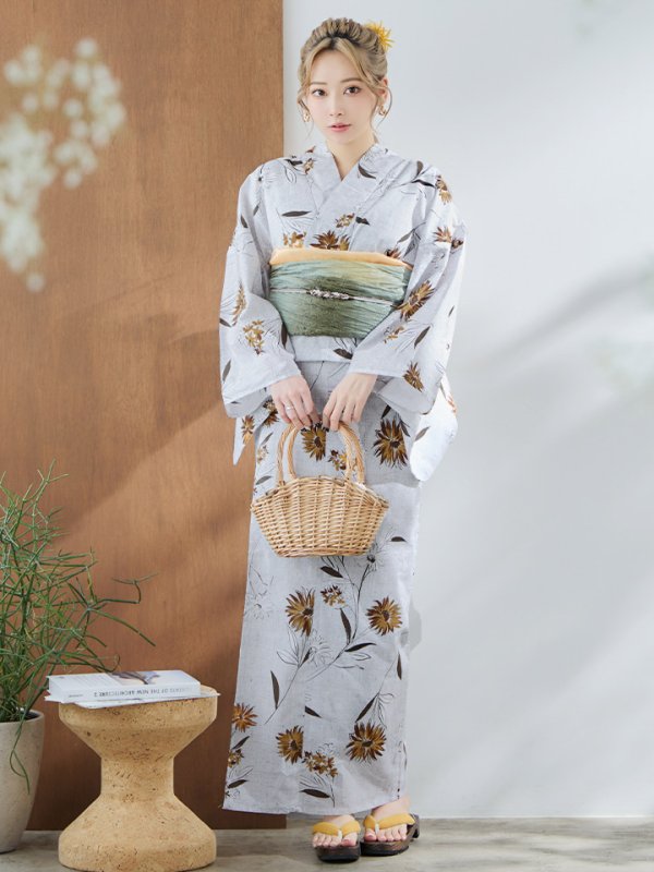 画像3: 【即日発送】グレー地×マーガレット浴衣【浴衣３点セット 浴衣/帯/下駄】[YMT] (3)