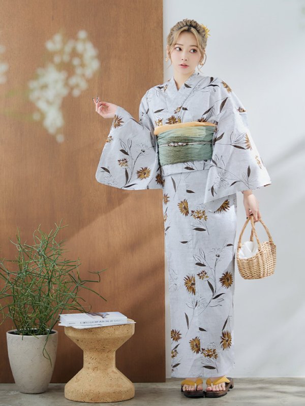 画像5: 【即日発送】グレー地×マーガレット浴衣【浴衣３点セット 浴衣/帯/下駄】[YMT] (5)