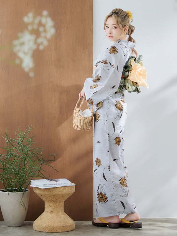 画像6: 【即日発送】グレー地×マーガレット浴衣【浴衣３点セット 浴衣/帯/下駄】[YMT] (6)