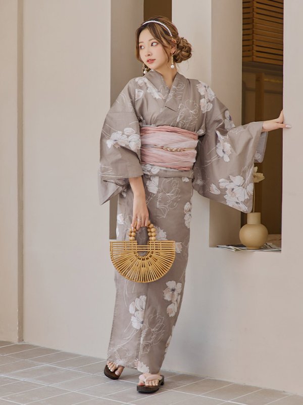 画像10: 【即日発送】グレージュ線画フラワー浴衣【浴衣３点セット 浴衣/帯/下駄】[YMT] (10)