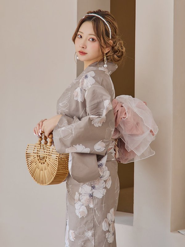 画像11: 【即日発送】グレージュ線画フラワー浴衣【浴衣３点セット 浴衣/帯/下駄】[YMT] (11)