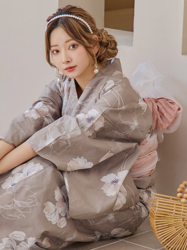 画像12: 【即日発送】グレージュ線画フラワー浴衣【浴衣３点セット 浴衣/帯/下駄】[YMT] (12)