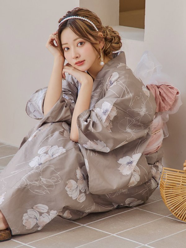 画像15: 【即日発送】グレージュ線画フラワー浴衣【浴衣３点セット 浴衣/帯/下駄】[YMT] (15)