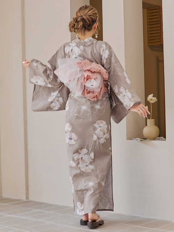 画像17: 【即日発送】グレージュ線画フラワー浴衣【浴衣３点セット 浴衣/帯/下駄】[YMT] (17)