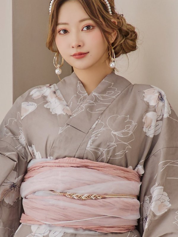 画像18: 【即日発送】グレージュ線画フラワー浴衣【浴衣３点セット 浴衣/帯/下駄】[YMT] (18)