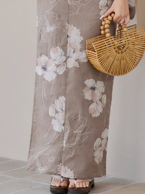 画像19: 【即日発送】グレージュ線画フラワー浴衣【浴衣３点セット 浴衣/帯/下駄】[YMT] (19)