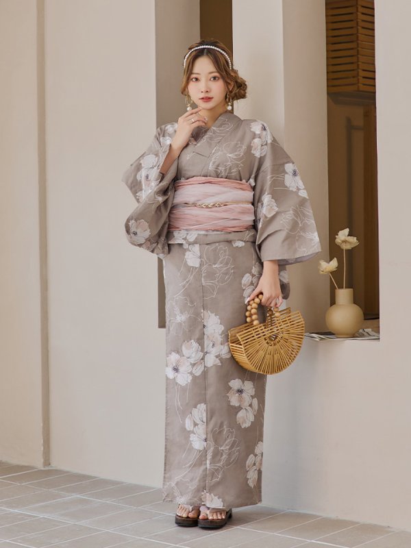 画像2: 【即日発送】グレージュ線画フラワー浴衣【浴衣３点セット 浴衣/帯/下駄】[YMT] (2)