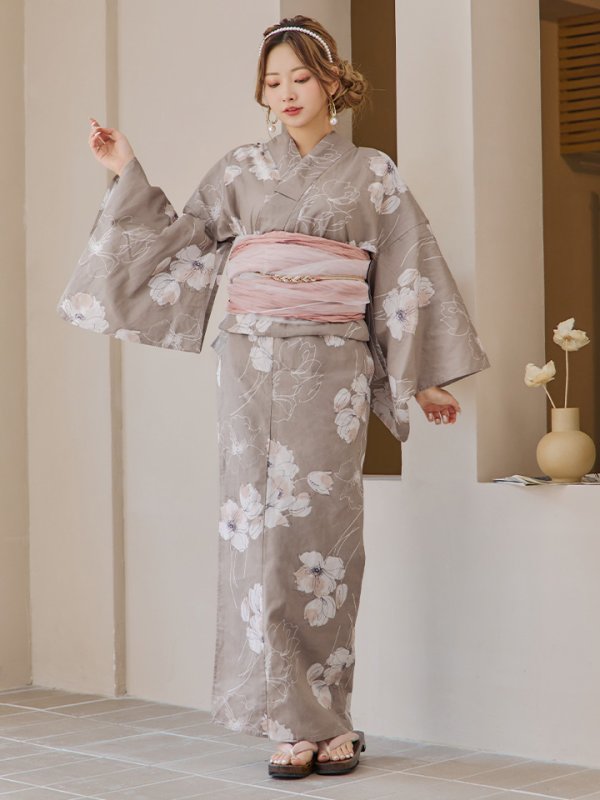 画像4: 【即日発送】グレージュ線画フラワー浴衣【浴衣３点セット 浴衣/帯/下駄】[YMT] (4)