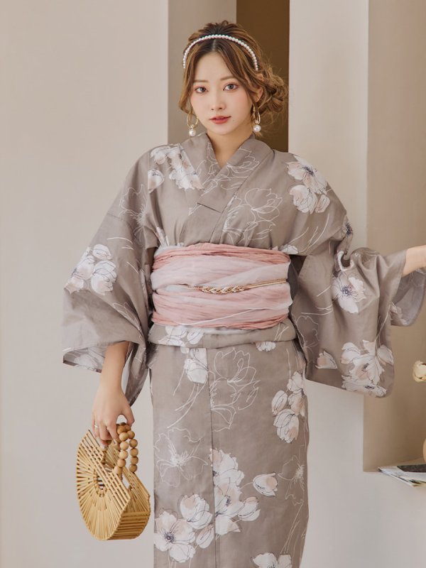 画像6: 【即日発送】グレージュ線画フラワー浴衣【浴衣３点セット 浴衣/帯/下駄】[YMT] (6)