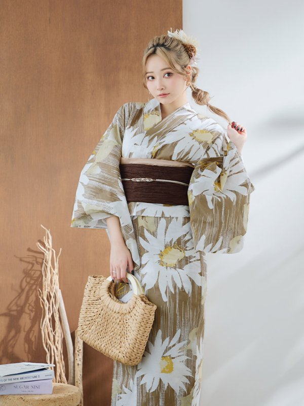 画像10: 【浴衣セール！】【即日発送】大人グリーンベージュフラワー浴衣【浴衣３点セット 浴衣/帯/下駄】[YMT] (10)