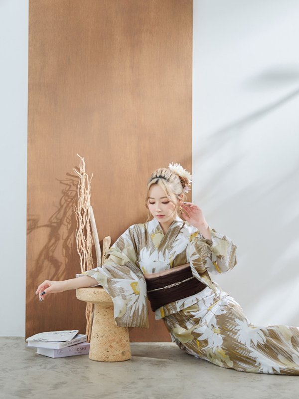 画像12: 【浴衣セール！】【即日発送】大人グリーンベージュフラワー浴衣【浴衣３点セット 浴衣/帯/下駄】[YMT] (12)