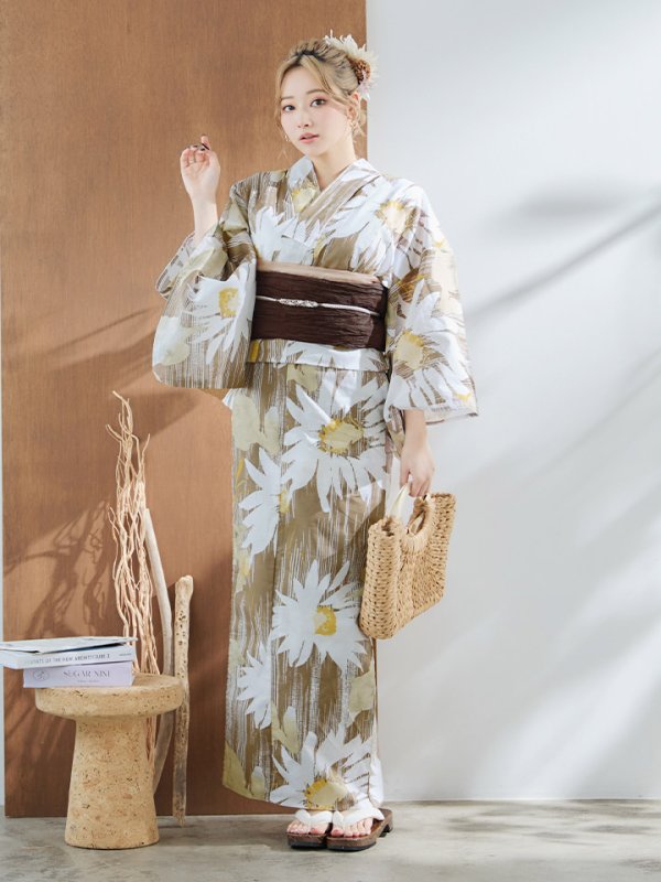 画像4: 【浴衣セール！】【即日発送】大人グリーンベージュフラワー浴衣【浴衣３点セット 浴衣/帯/下駄】[YMT] (4)