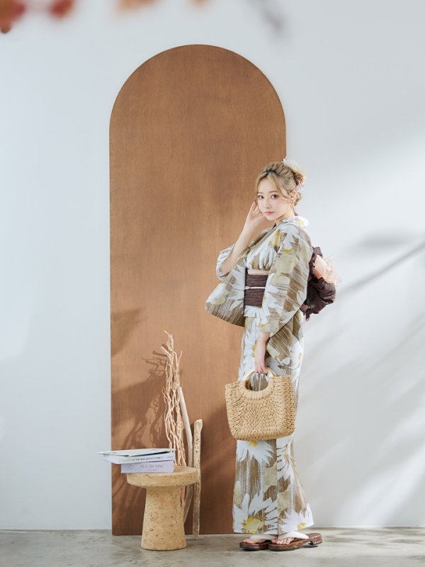 画像6: 【浴衣セール！】【即日発送】大人グリーンベージュフラワー浴衣【浴衣３点セット 浴衣/帯/下駄】[YMT] (6)