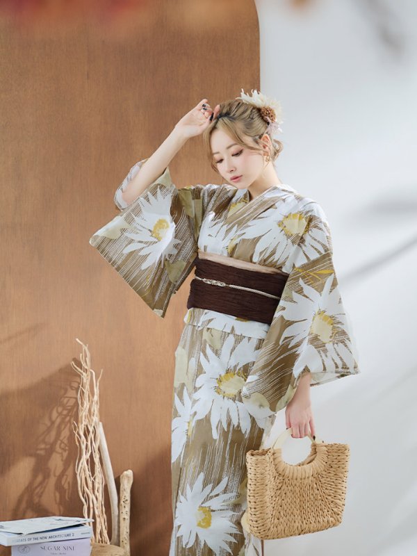 画像7: 【浴衣セール！】【即日発送】大人グリーンベージュフラワー浴衣【浴衣３点セット 浴衣/帯/下駄】[YMT] (7)