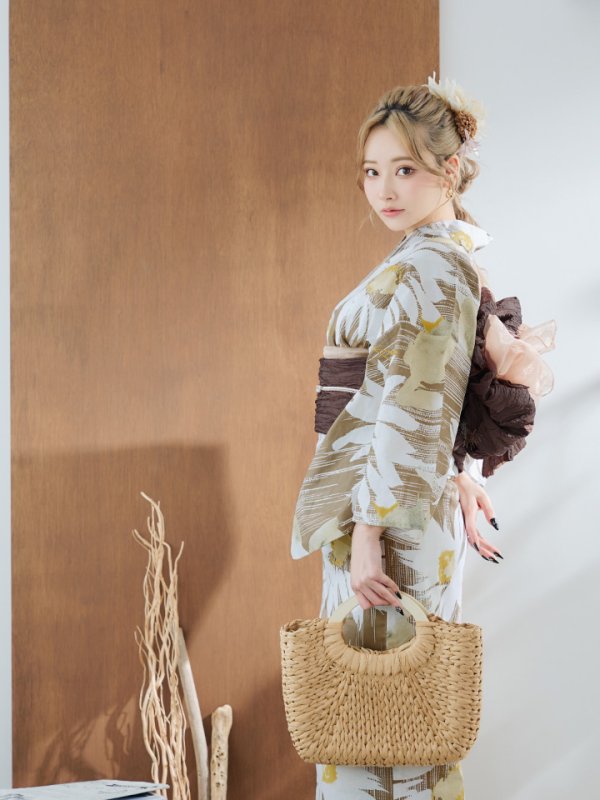 画像9: 【浴衣セール！】【即日発送】大人グリーンベージュフラワー浴衣【浴衣３点セット 浴衣/帯/下駄】[YMT] (9)