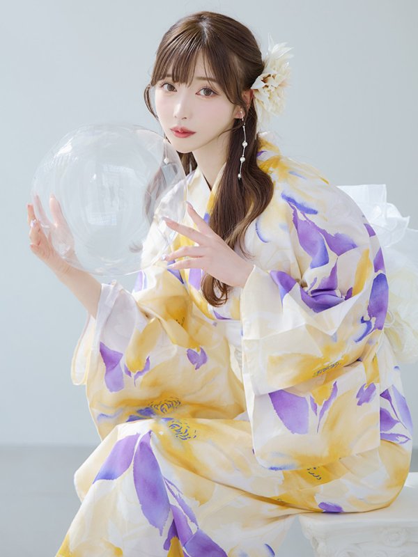 画像1: 【即日発送】鮮やか×大柄フラワー浴衣【浴衣３点セット 浴衣/帯/下駄】[YMT] (1)