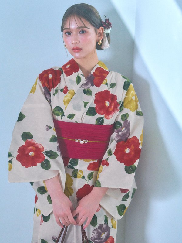 画像16: 【即日発送】モダン椿浴衣【浴衣３点セット 浴衣/帯/下駄】[YMT] (16)