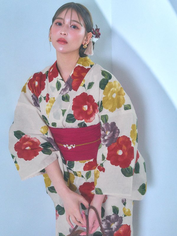 画像3: 【即日発送】モダン椿浴衣【浴衣３点セット 浴衣/帯/下駄】[YMT] (3)