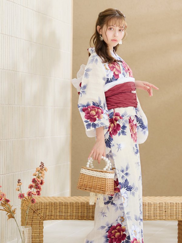 画像10: 【即日発送】ホワイト×レッド牡丹浴衣【浴衣３点セット 浴衣/帯/下駄】[OF04] (10)