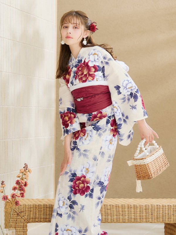 画像11: 【即日発送】ホワイト×レッド牡丹浴衣【浴衣３点セット 浴衣/帯/下駄】[OF04] (11)