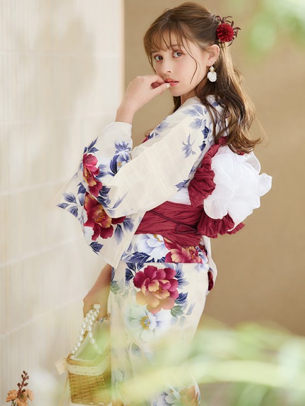 画像12: 【即日発送】ホワイト×レッド牡丹浴衣【浴衣３点セット 浴衣/帯/下駄】[OF04] (12)