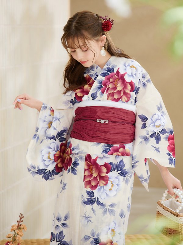 画像13: 【即日発送】ホワイト×レッド牡丹浴衣【浴衣３点セット 浴衣/帯/下駄】[OF04] (13)