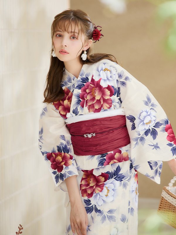 画像14: 【即日発送】ホワイト×レッド牡丹浴衣【浴衣３点セット 浴衣/帯/下駄】[OF04] (14)