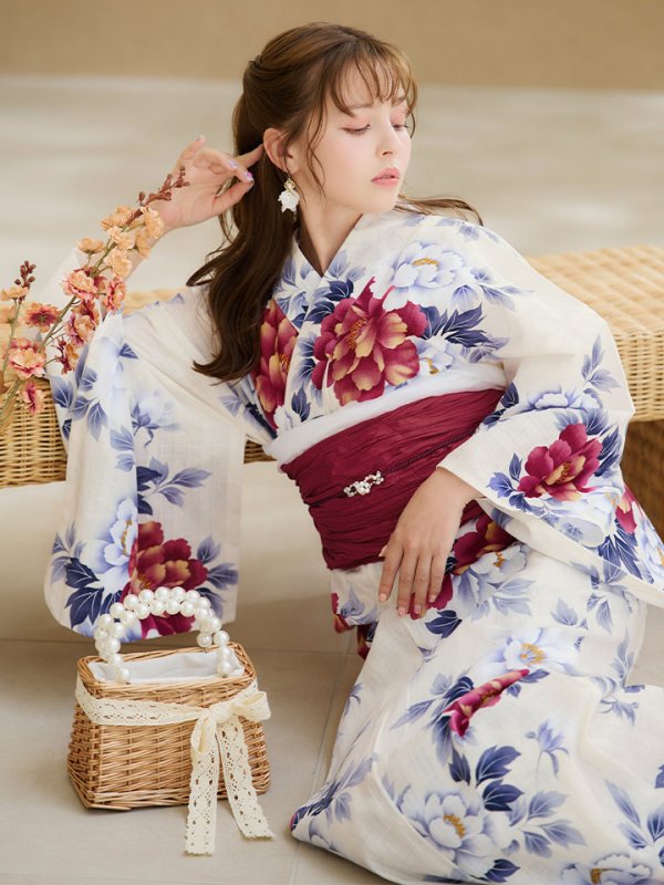 画像20: 【即日発送】ホワイト×レッド牡丹浴衣【浴衣３点セット 浴衣/帯/下駄】[OF04] (20)