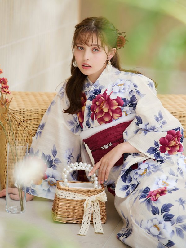 画像21: 【即日発送】ホワイト×レッド牡丹浴衣【浴衣３点セット 浴衣/帯/下駄】[OF04] (21)