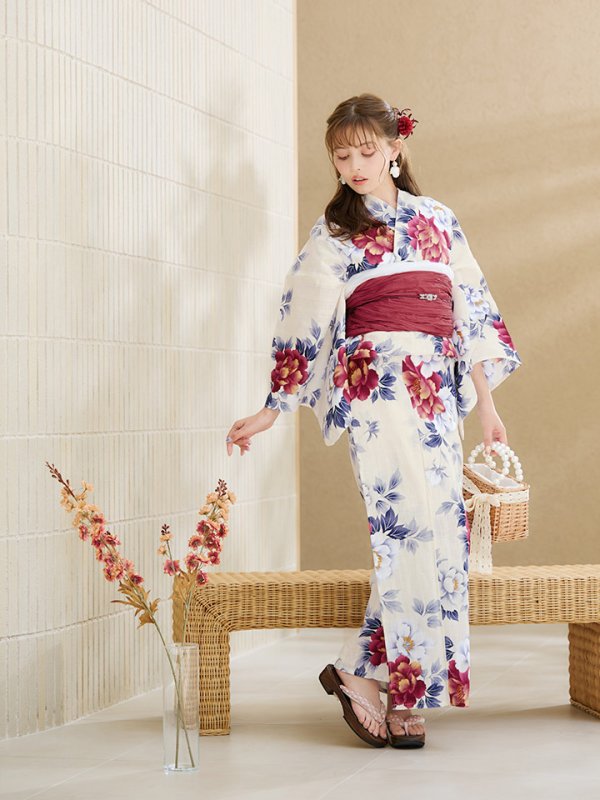 画像8: 【即日発送】ホワイト×レッド牡丹浴衣【浴衣３点セット 浴衣/帯/下駄】[OF04] (8)