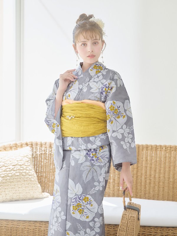 画像2: 【即日発送】グレー×フラワー浴衣【浴衣３点セット 浴衣/帯/下駄】[YMT] (2)
