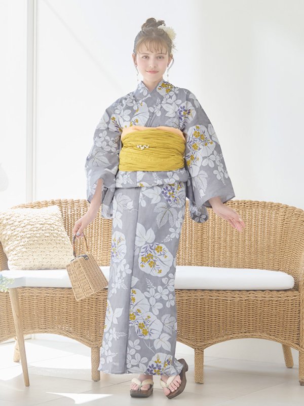 画像3: 【即日発送】グレー×フラワー浴衣【浴衣３点セット 浴衣/帯/下駄】[YMT] (3)