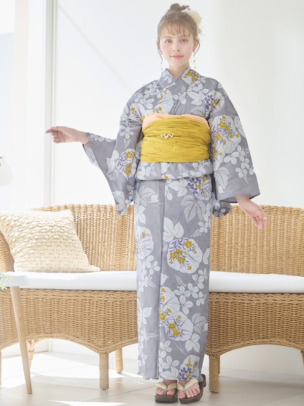 画像4: 【即日発送】グレー×フラワー浴衣【浴衣３点セット 浴衣/帯/下駄】[YMT] (4)