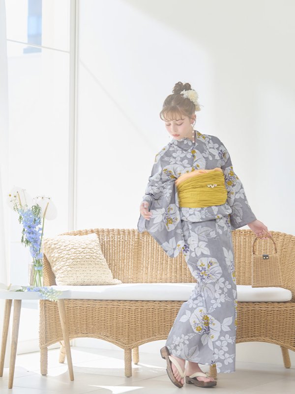 画像5: 【即日発送】グレー×フラワー浴衣【浴衣３点セット 浴衣/帯/下駄】[YMT] (5)