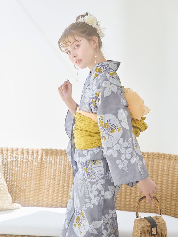 画像6: 【即日発送】グレー×フラワー浴衣【浴衣３点セット 浴衣/帯/下駄】[YMT] (6)