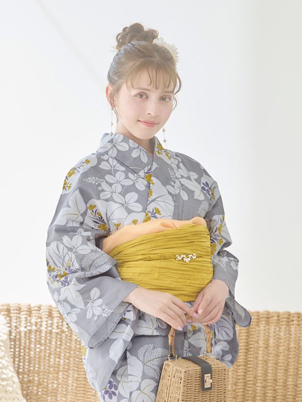 画像7: 【即日発送】グレー×フラワー浴衣【浴衣３点セット 浴衣/帯/下駄】[YMT] (7)