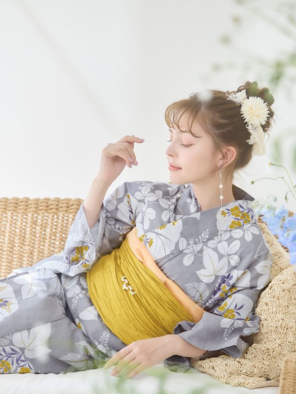 画像8: 【即日発送】グレー×フラワー浴衣【浴衣３点セット 浴衣/帯/下駄】[YMT] (8)