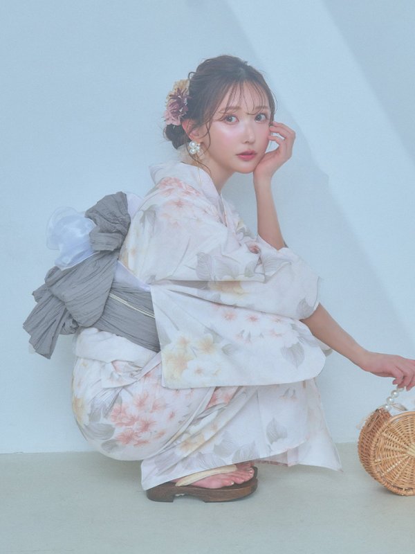 画像15: 【浴衣セール！】【即日発送】ホワイトベージュ紫陽花浴衣【浴衣３点セット 浴衣/帯/下駄】[YMT] (15)