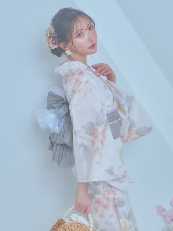 画像3: 【浴衣セール！】【即日発送】ホワイトベージュ紫陽花浴衣【浴衣３点セット 浴衣/帯/下駄】[YMT] (3)