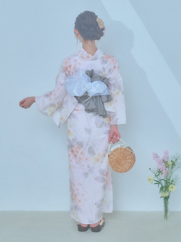 画像20: 【浴衣セール！】【即日発送】ホワイトベージュ紫陽花浴衣【浴衣３点セット 浴衣/帯/下駄】[YMT] (20)