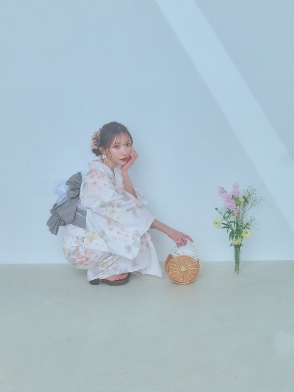 画像5: 【浴衣セール！】【即日発送】ホワイトベージュ紫陽花浴衣【浴衣３点セット 浴衣/帯/下駄】[YMT] (5)